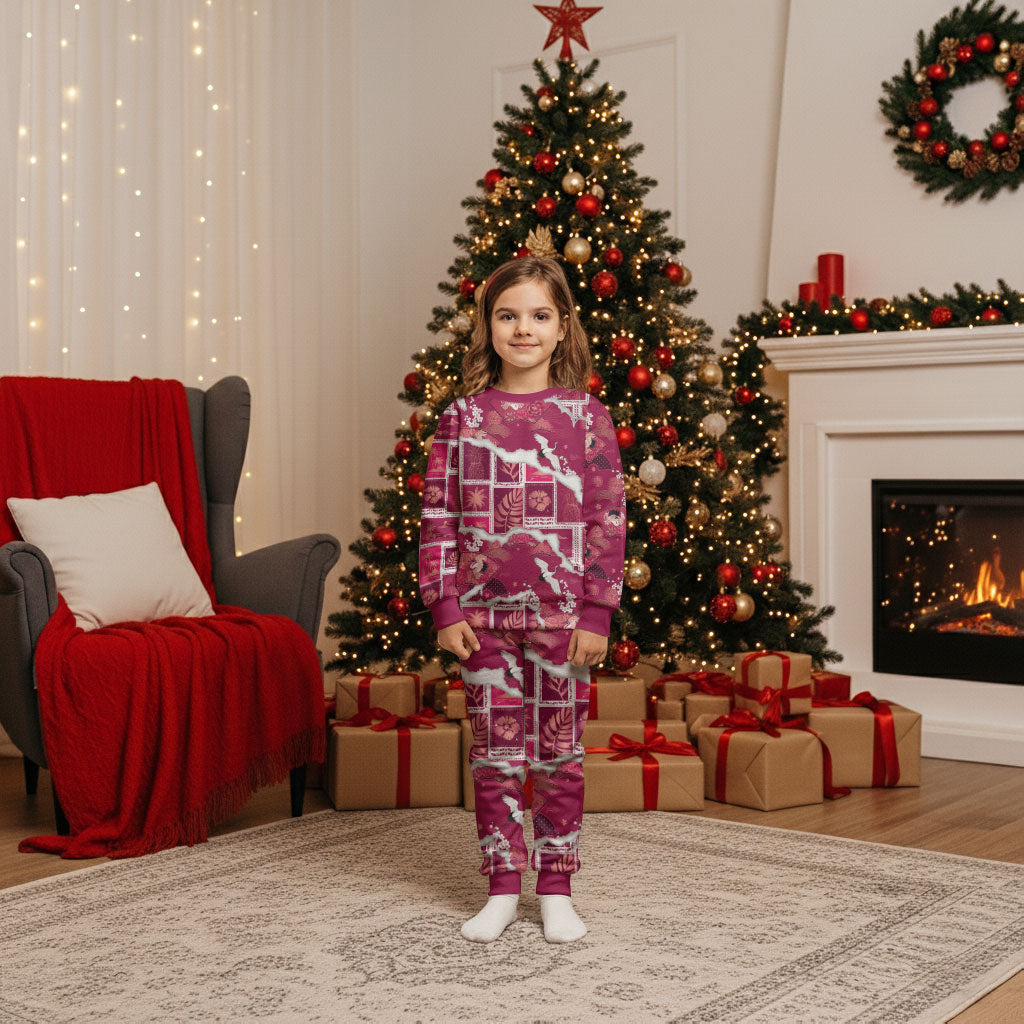 Hawaii Japanese Culture Pink Christmas Pajama Set Spring Cranes Aloha Pattern LT01 Kid Pink - Polynesian Pride