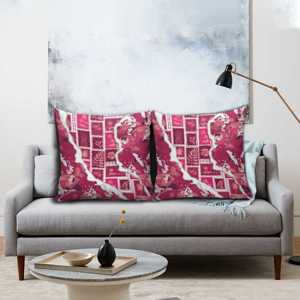 Hawaii Japanese Culture Pink Pillow Cover Spring Cranes Aloha Pattern