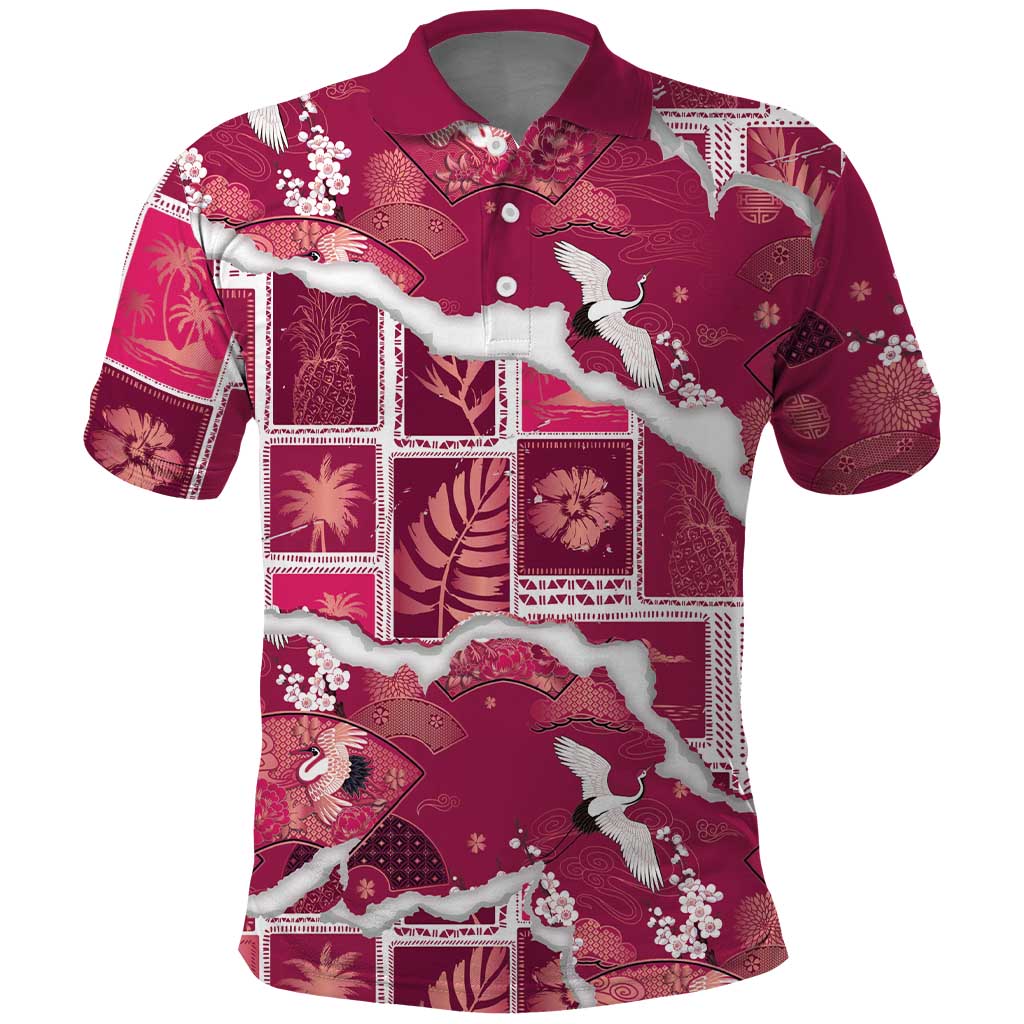 Hawaii Japanese Culture Pink Polo Shirt Spring Cranes Aloha Pattern