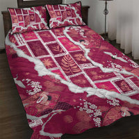 Hawaii Japanese Culture Pink Quilt Bed Set Spring Cranes Aloha Pattern