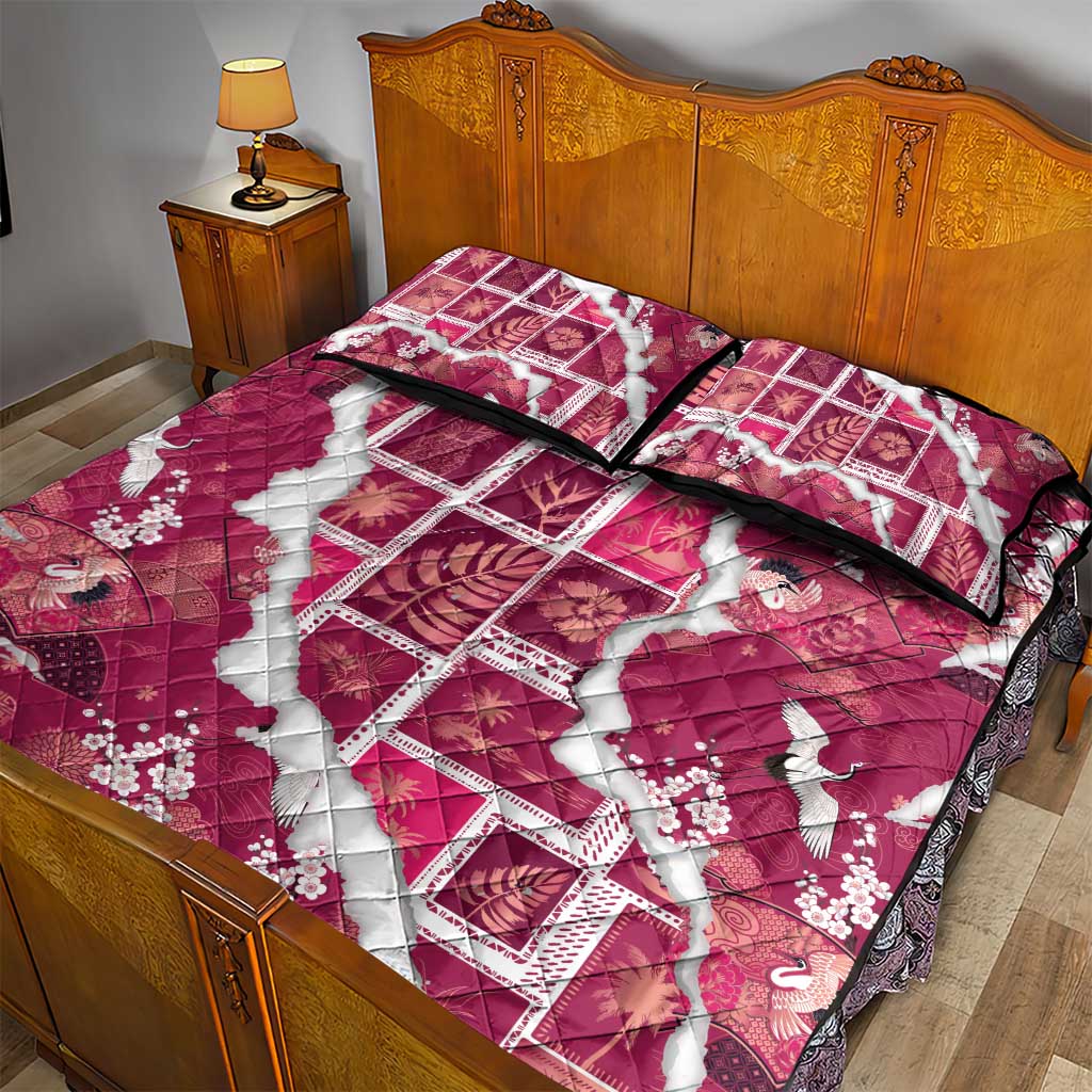 Hawaii Japanese Culture Pink Quilt Bed Set Spring Cranes Aloha Pattern