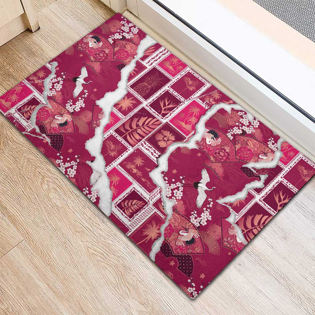 Hawaii Japanese Culture Pink Rubber Doormat Spring Cranes Aloha Pattern