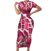 Hawaii Japanese Culture Pink Short Sleeve Bodycon Dress Spring Cranes Aloha Pattern