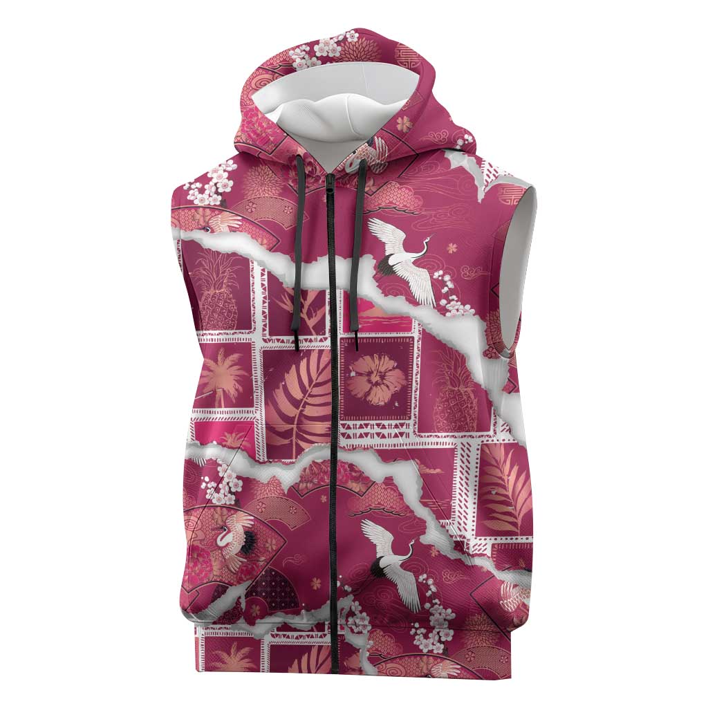 Hawaii Japanese Culture Pink Sleeveless Zip Hoodie Spring Cranes Aloha Pattern