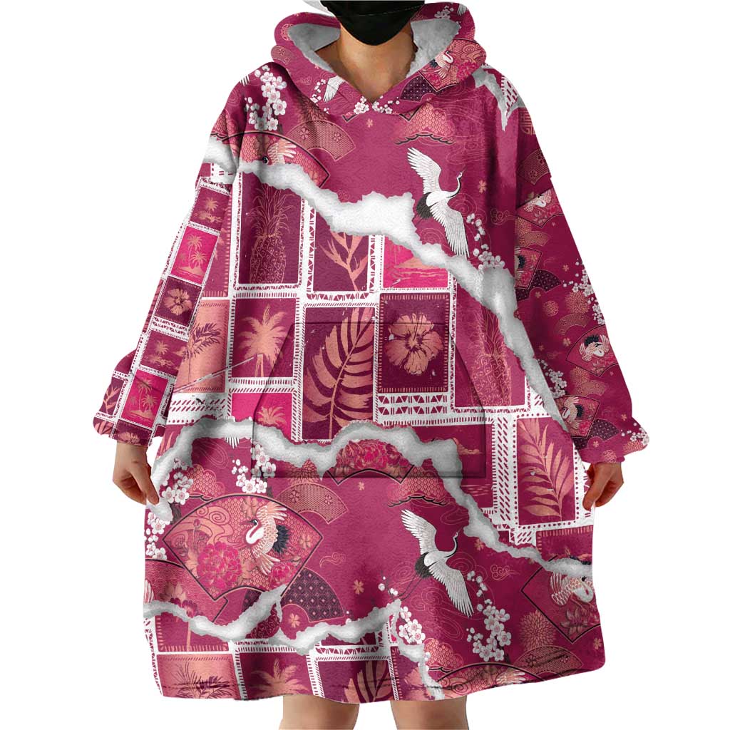 Hawaii Japanese Culture Pink Wearable Blanket Hoodie Spring Cranes Aloha Pattern