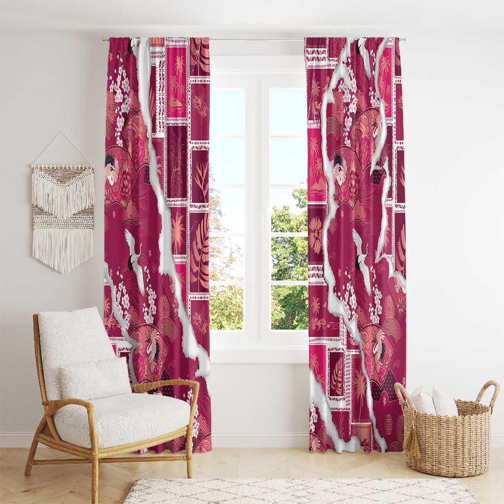 Hawaii Japanese Culture Pink Window Curtain Spring Cranes Aloha Pattern