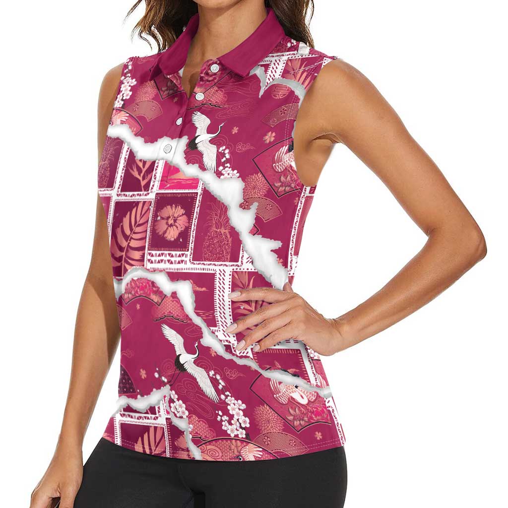 Hawaii Japanese Culture Pink Women Sleeveless Polo Shirt Spring Cranes Aloha Pattern