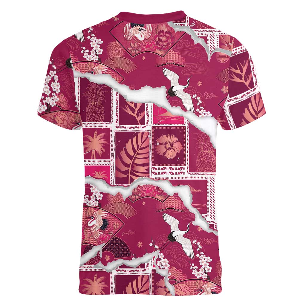 Hawaii Japanese Culture Pink Women V-Neck T-Shirt Spring Cranes Aloha Pattern