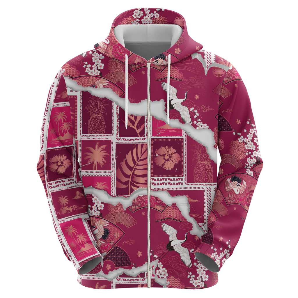 Hawaii Japanese Culture Pink Zip Hoodie Spring Cranes Aloha Pattern