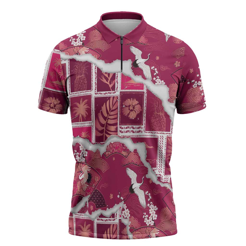 Hawaii Japanese Culture Pink Zipper Polo Shirt Spring Cranes Aloha Pattern