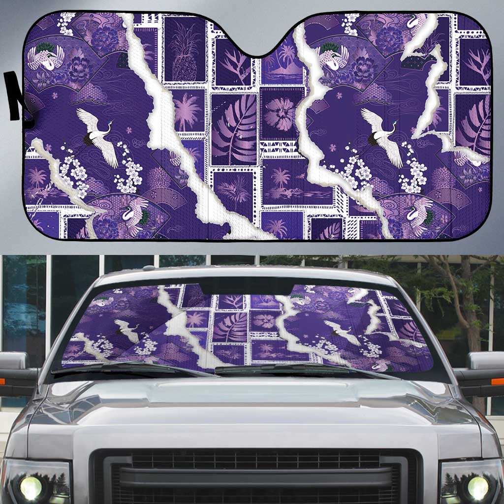 Hawaii Japanese Culture Purple Auto Sun Shade Spring Cranes Aloha Pattern