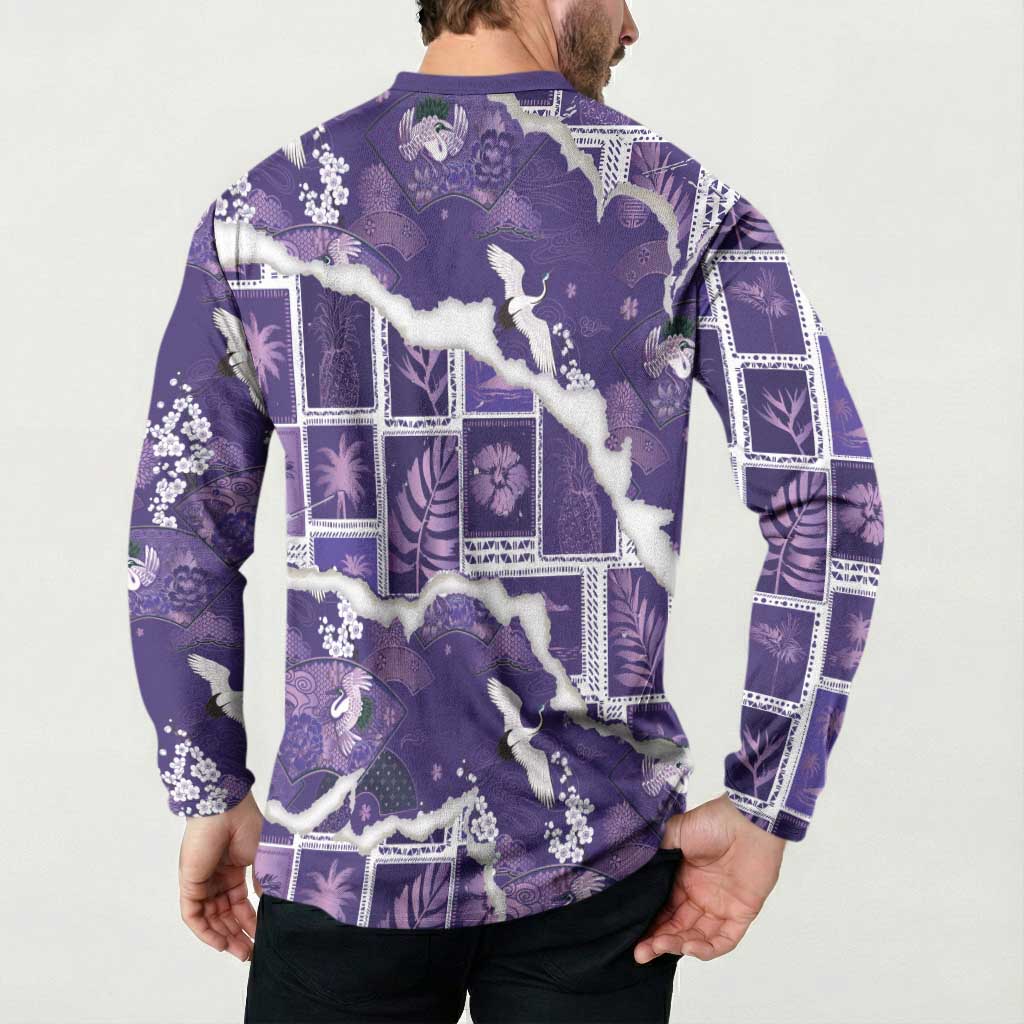 Hawaii Japanese Culture Purple Button Sweatshirt Spring Cranes Aloha Pattern