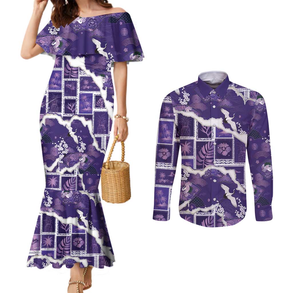 Hawaii Japanese Culture Purple Couples Matching Mermaid Dress and Long Sleeve Button Shirt Spring Cranes Aloha Pattern