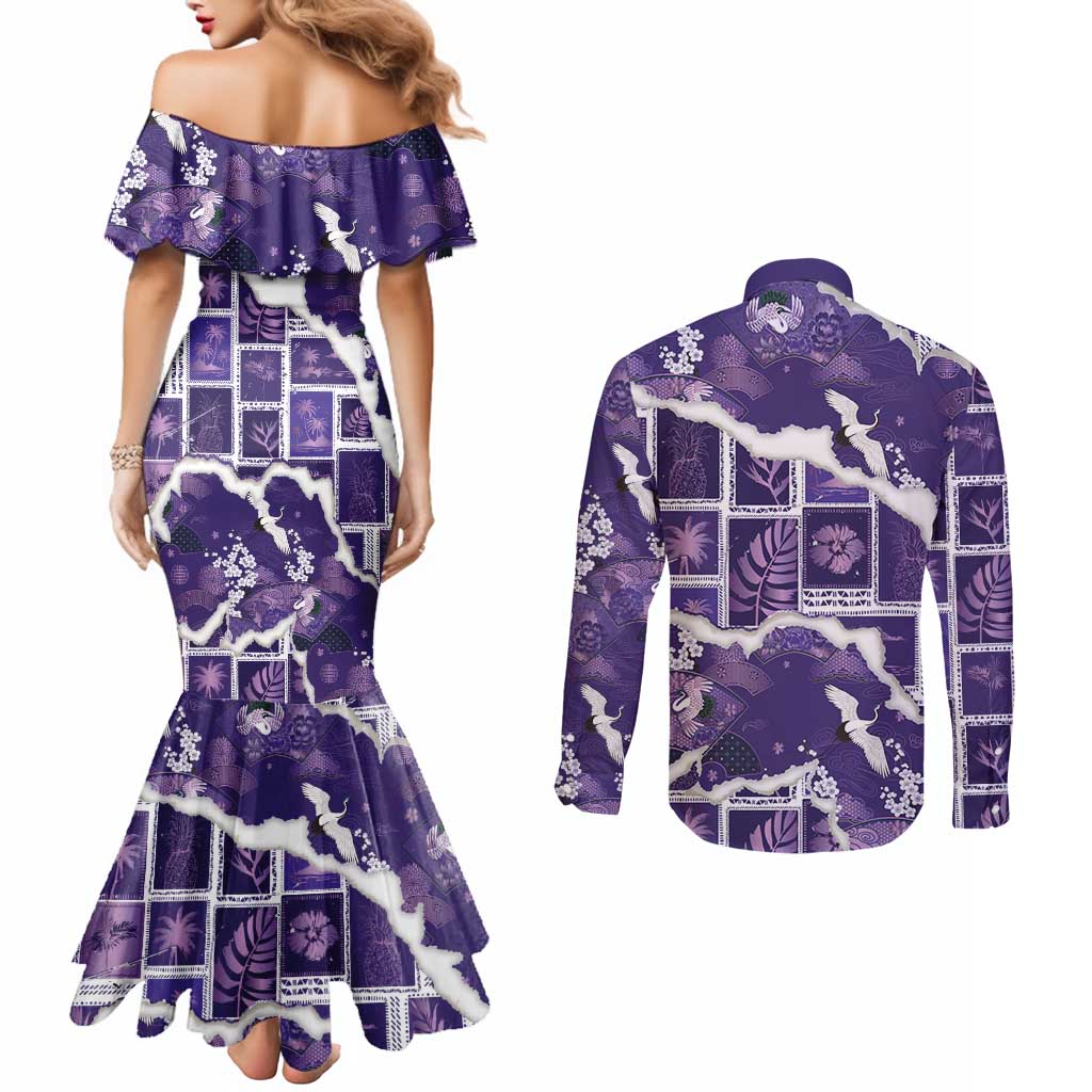 Hawaii Japanese Culture Purple Couples Matching Mermaid Dress and Long Sleeve Button Shirt Spring Cranes Aloha Pattern