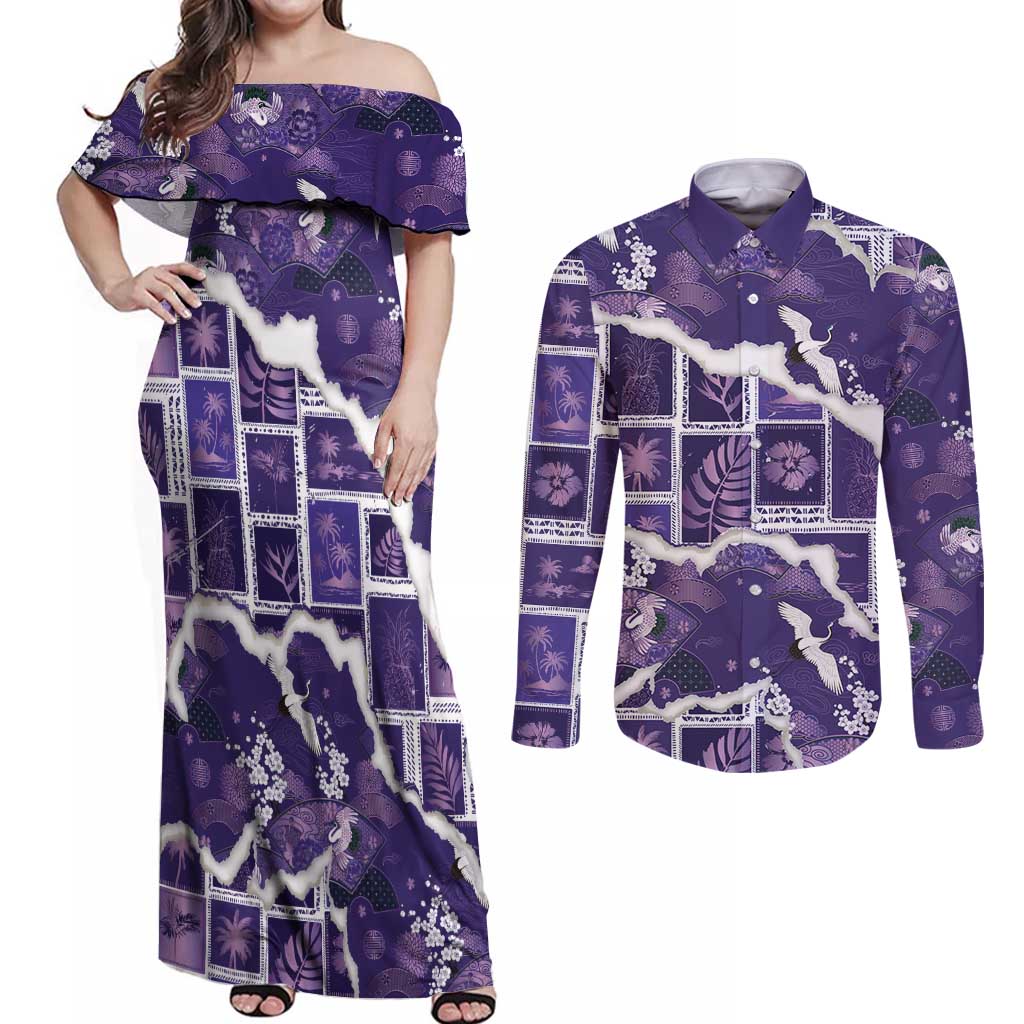 Hawaii Japanese Culture Purple Couples Matching Off Shoulder Maxi Dress and Long Sleeve Button Shirt Spring Cranes Aloha Pattern