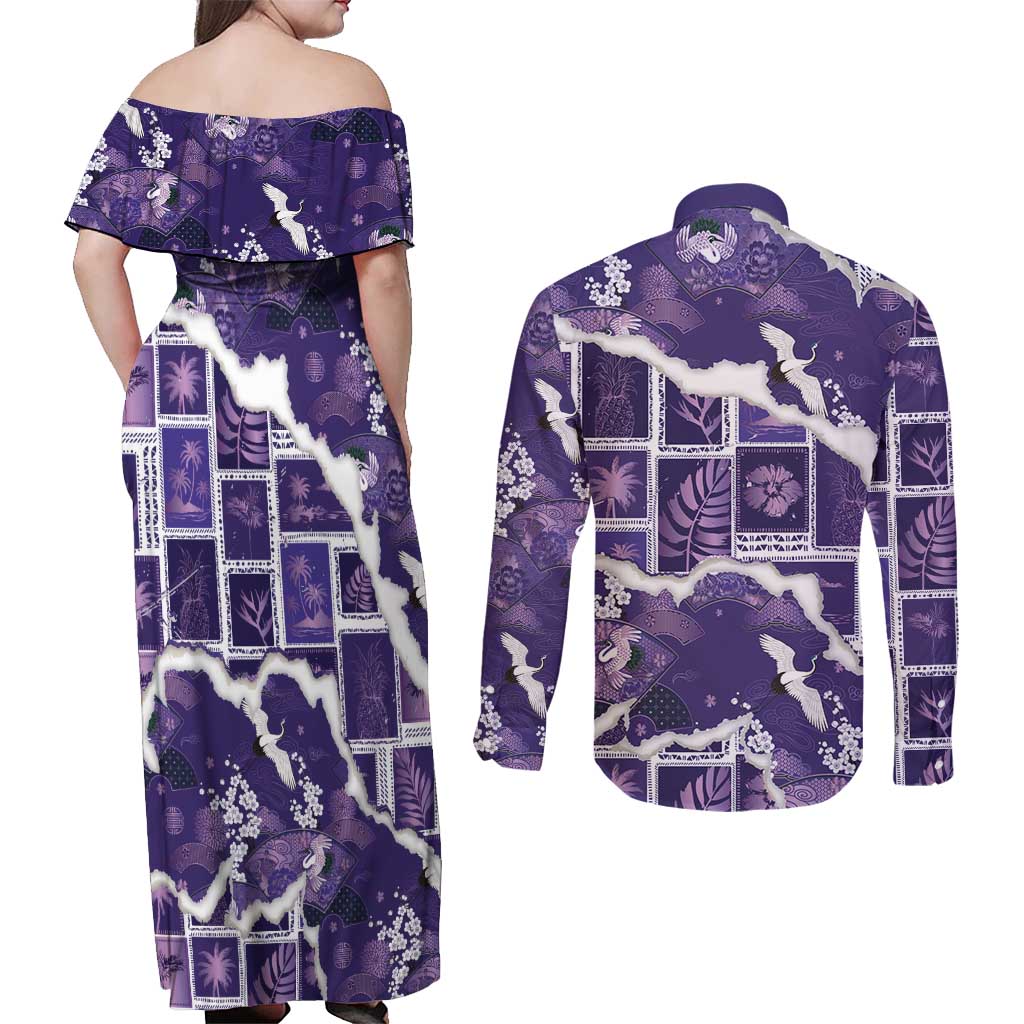 Hawaii Japanese Culture Purple Couples Matching Off Shoulder Maxi Dress and Long Sleeve Button Shirt Spring Cranes Aloha Pattern