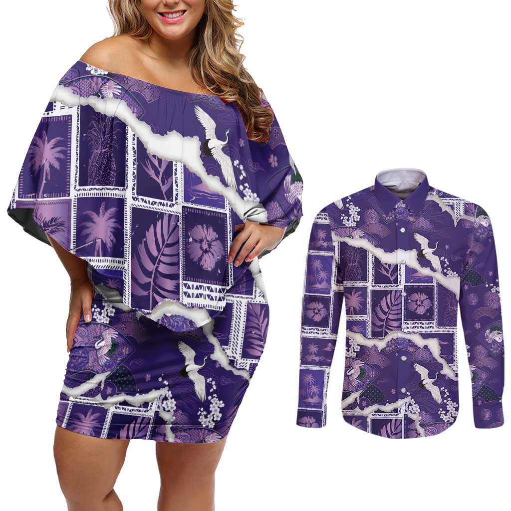 Hawaii Japanese Culture Purple Couples Matching Off Shoulder Short Dress and Long Sleeve Button Shirt Spring Cranes Aloha Pattern
