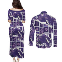 Hawaii Japanese Culture Purple Couples Matching Puletasi and Long Sleeve Button Shirt Spring Cranes Aloha Pattern