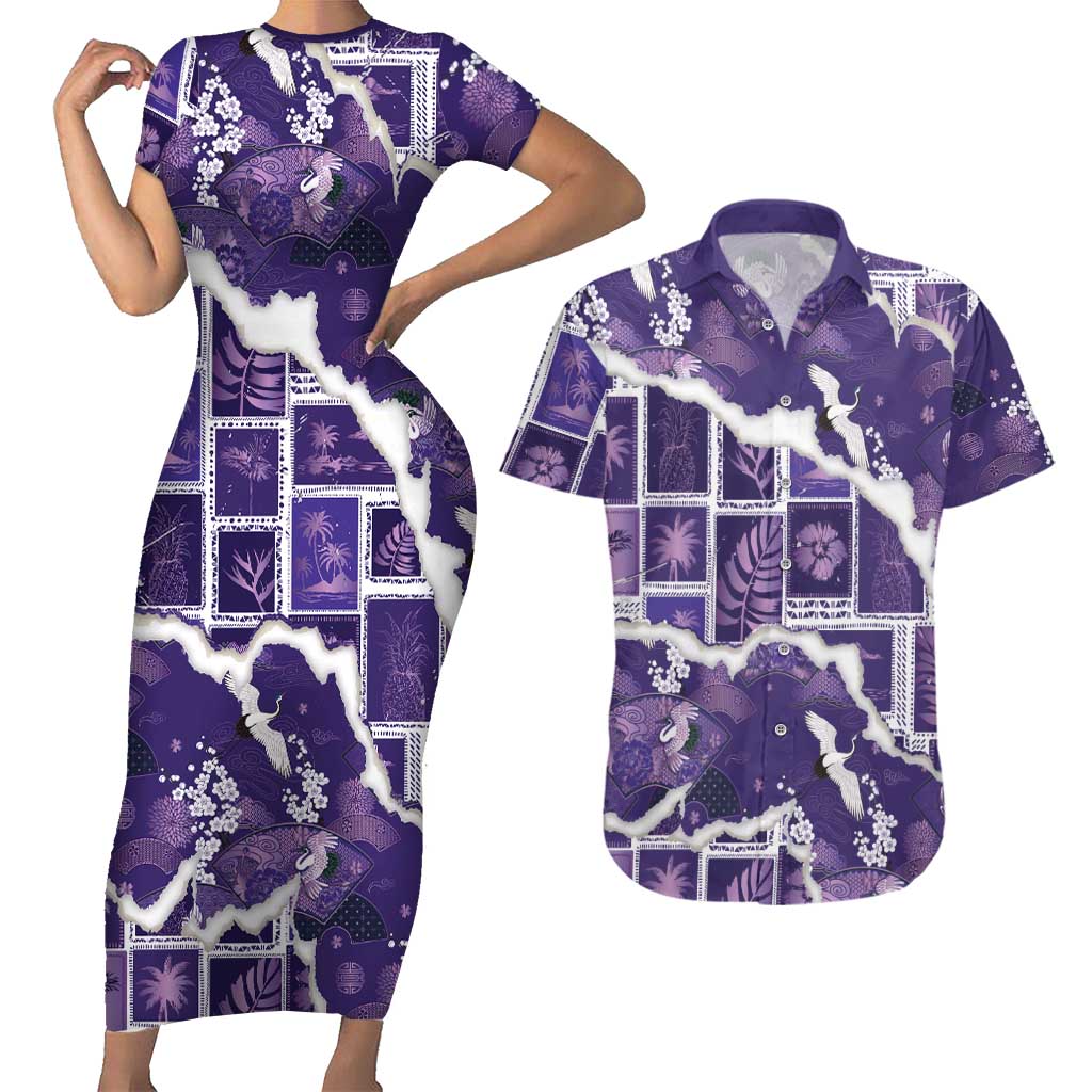 Hawaii Japanese Culture Purple Couples Matching Short Sleeve Bodycon Dress and Hawaiian Shirt Spring Cranes Aloha Pattern