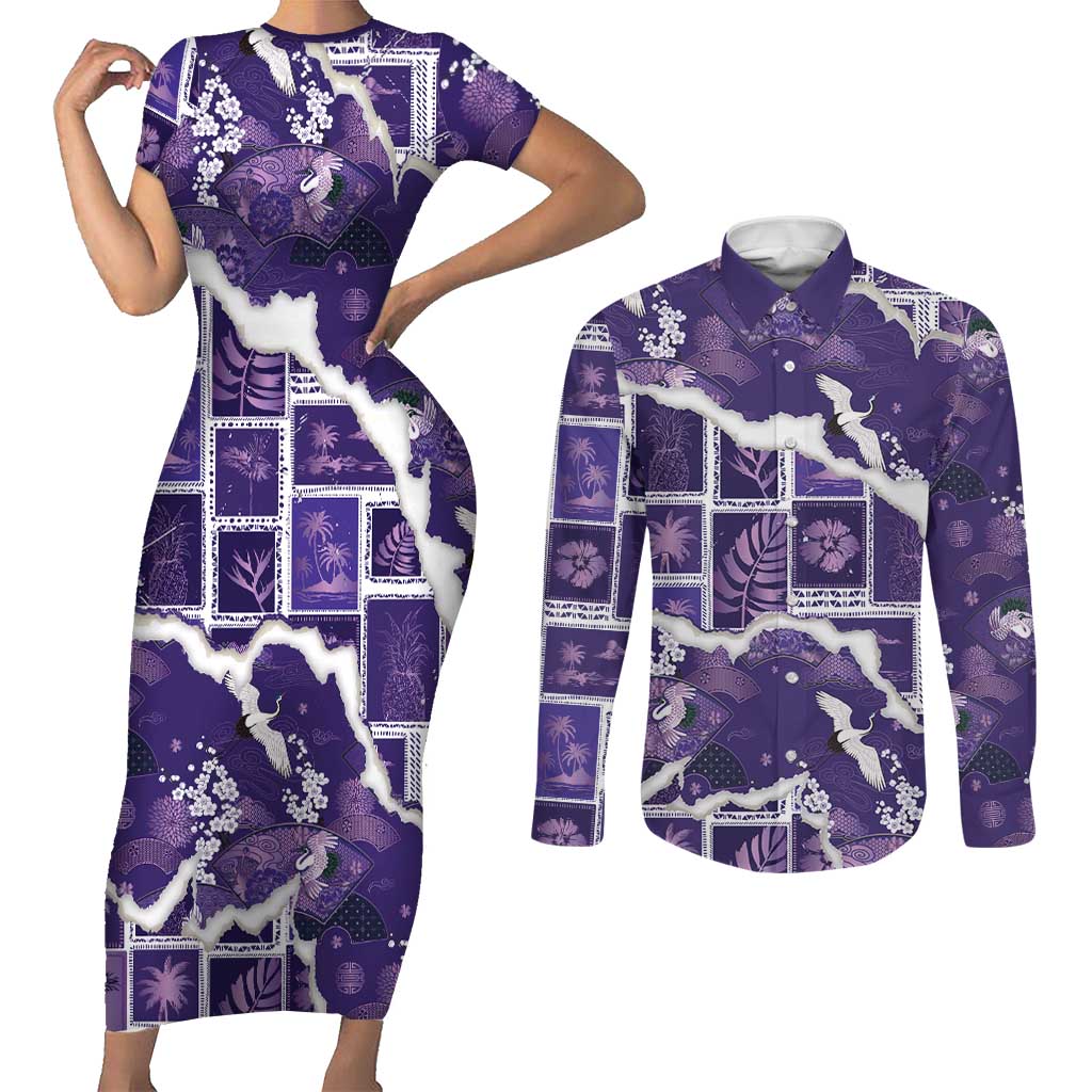 Hawaii Japanese Culture Purple Couples Matching Short Sleeve Bodycon Dress and Long Sleeve Button Shirt Spring Cranes Aloha Pattern
