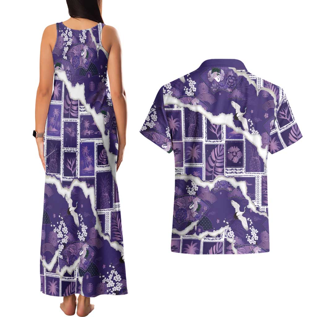Hawaii Japanese Culture Purple Couples Matching Tank Maxi Dress and Hawaiian Shirt Spring Cranes Aloha Pattern