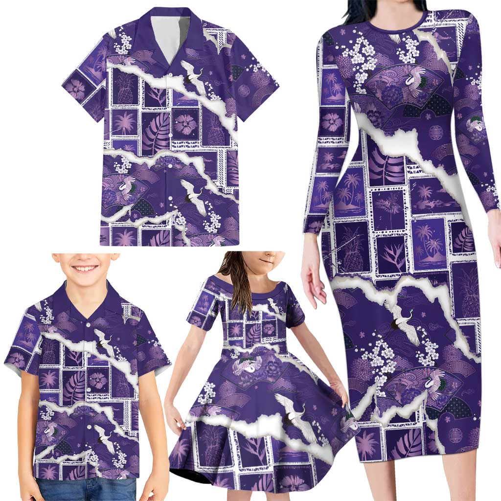 Hawaii Japanese Culture Purple Family Matching Long Sleeve Bodycon Dress and Hawaiian Shirt Spring Cranes Aloha Pattern