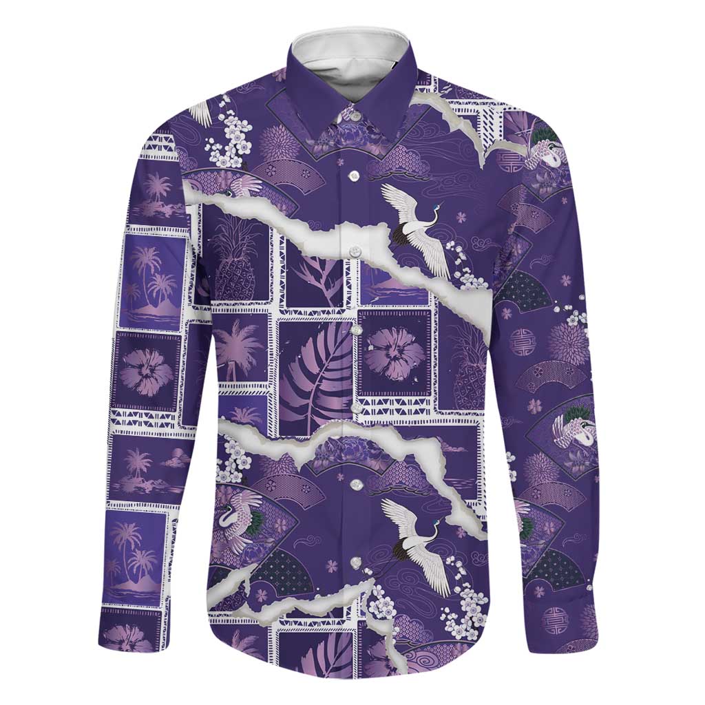 Hawaii Japanese Culture Purple Family Matching Long Sleeve Bodycon Dress and Hawaiian Shirt Spring Cranes Aloha Pattern LT01 Dad's Shirt - Long Sleeve Purple - Polynesian Pride