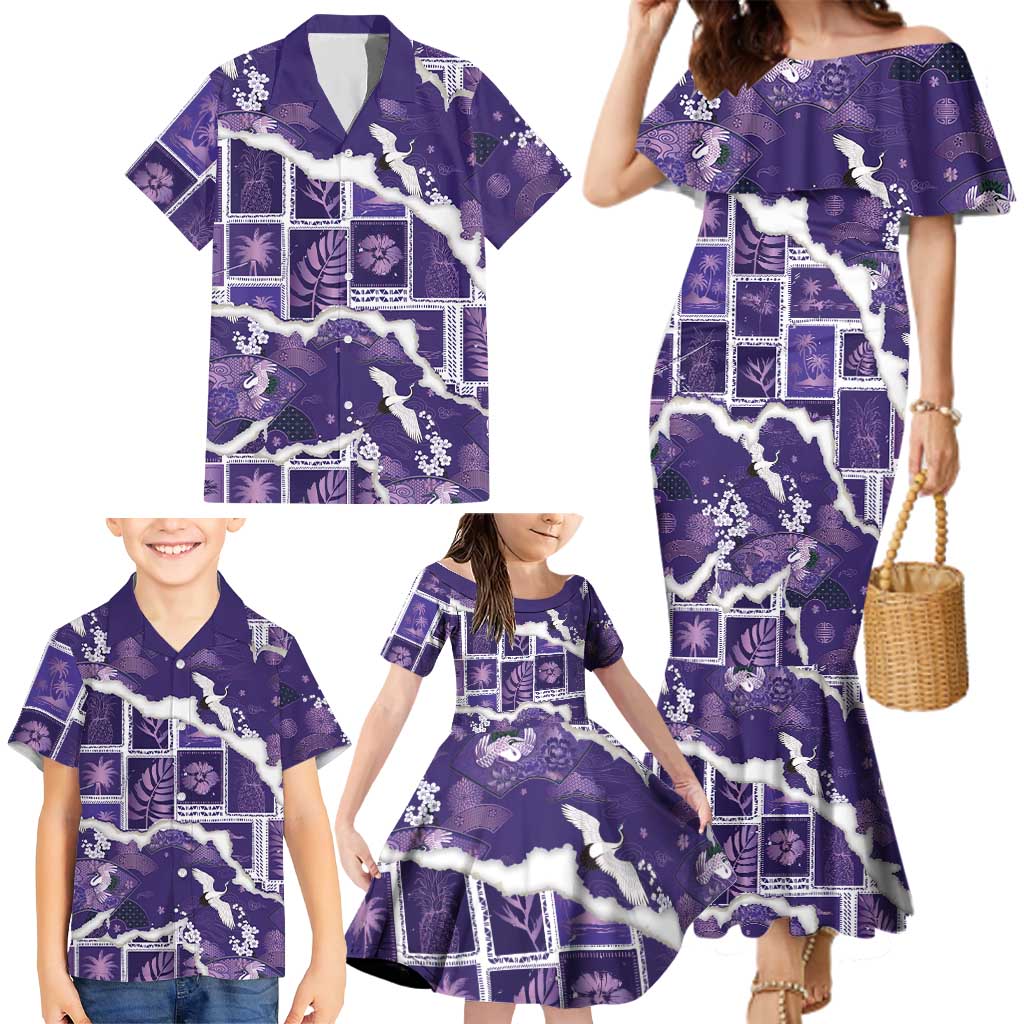 Hawaii Japanese Culture Purple Family Matching Mermaid Dress and Hawaiian Shirt Spring Cranes Aloha Pattern LT01 - Polynesian Pride