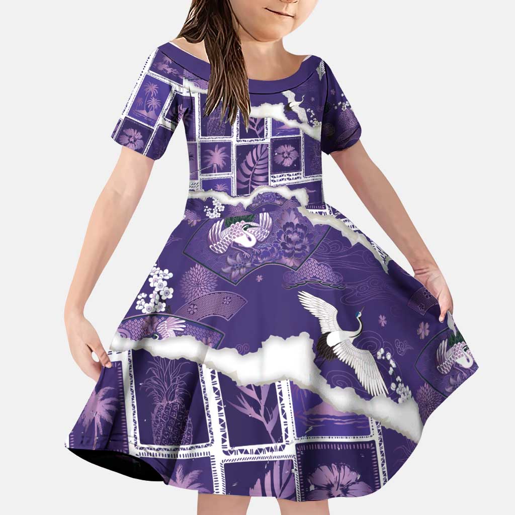 Hawaii Japanese Culture Purple Family Matching Off The Shoulder Long Sleeve Dress and Hawaiian Shirt Spring Cranes Aloha Pattern LT01 Daughter's Dress Purple - Polynesian Pride