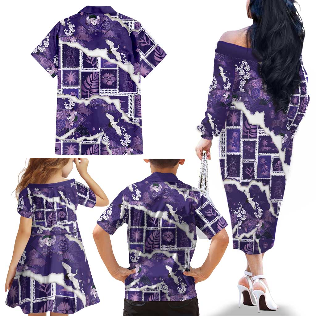 Hawaii Japanese Culture Purple Family Matching Off The Shoulder Long Sleeve Dress and Hawaiian Shirt Spring Cranes Aloha Pattern LT01 - Polynesian Pride