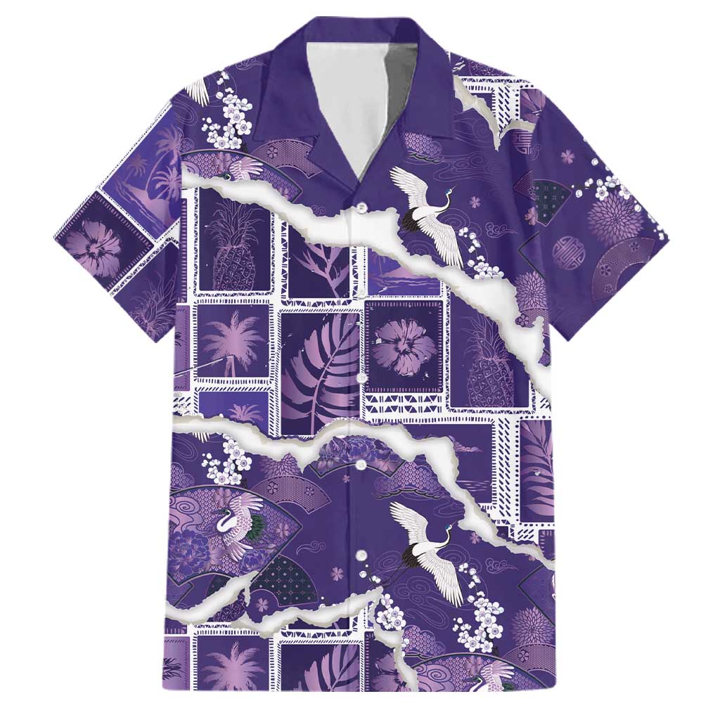 Hawaii Japanese Culture Purple Family Matching Off Shoulder Maxi Dress and Hawaiian Shirt Spring Cranes Aloha Pattern LT01 Dad's Shirt - Short Sleeve Purple - Polynesian Pride