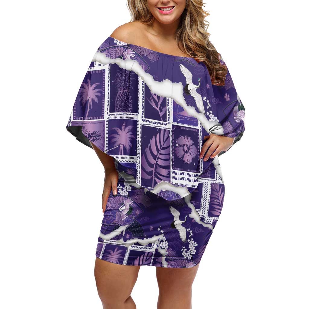 Hawaii Japanese Culture Purple Family Matching Off Shoulder Short Dress and Hawaiian Shirt Spring Cranes Aloha Pattern LT01 Mom's Dress Purple - Polynesian Pride