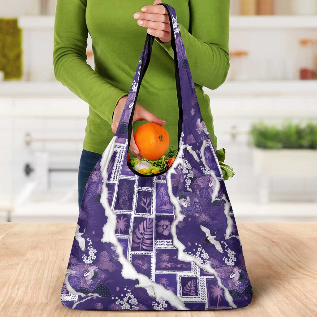 Hawaii Japanese Culture Purple Grocery Bag Spring Cranes Aloha Pattern