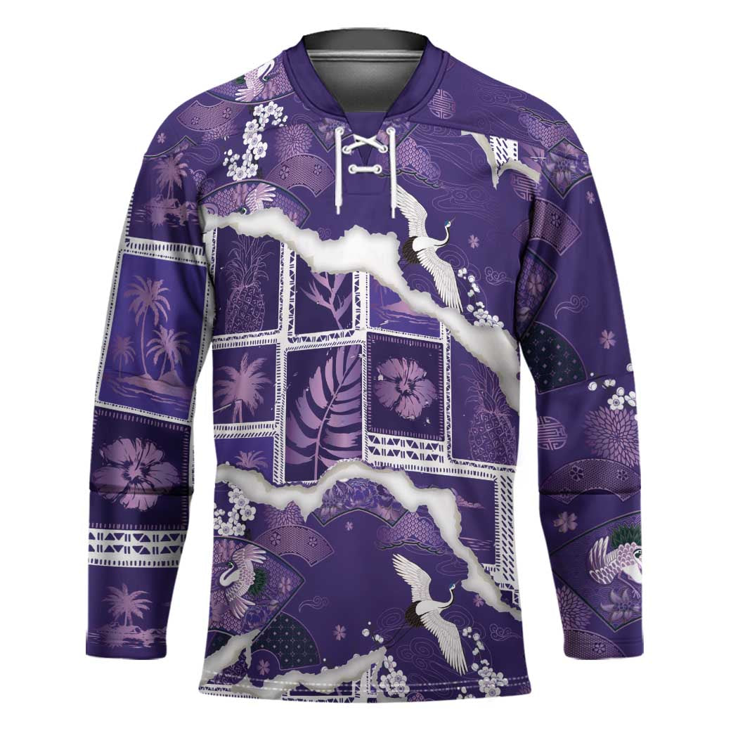 Hawaii Japanese Culture Purple Hockey Jersey Spring Cranes Aloha Pattern
