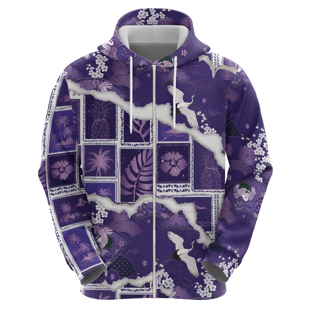 Hawaii Japanese Culture Purple Hoodie Spring Cranes Aloha Pattern