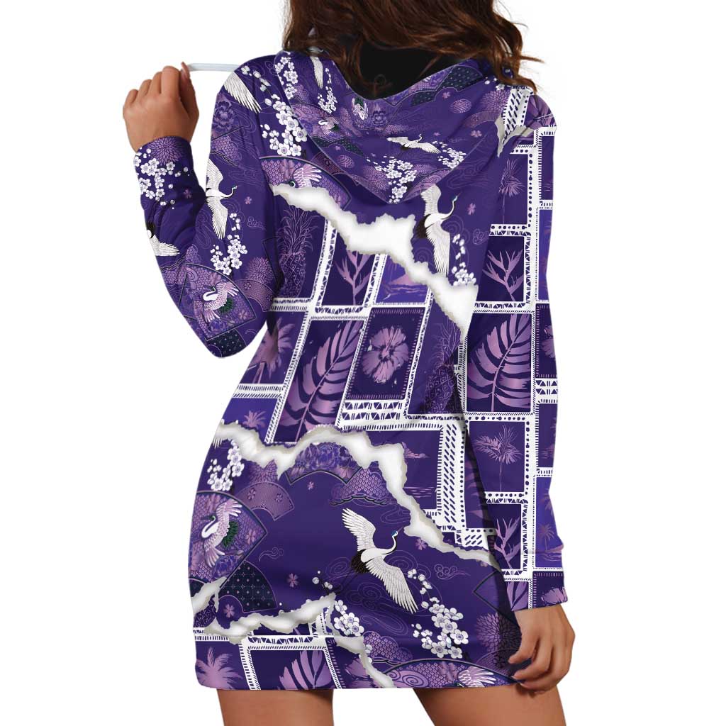 Hawaii Japanese Culture Purple Hoodie Dress Spring Cranes Aloha Pattern
