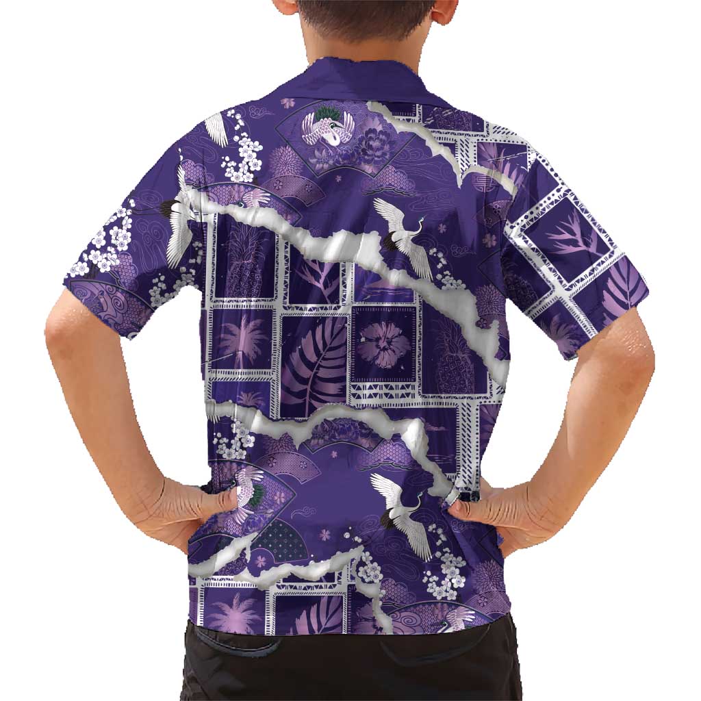 Hawaii Japanese Culture Purple Kid Hawaiian Shirt Spring Cranes Aloha Pattern