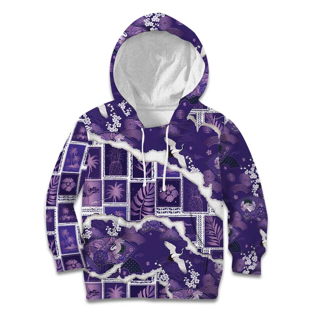Hawaii Japanese Culture Purple Kid Hoodie Spring Cranes Aloha Pattern