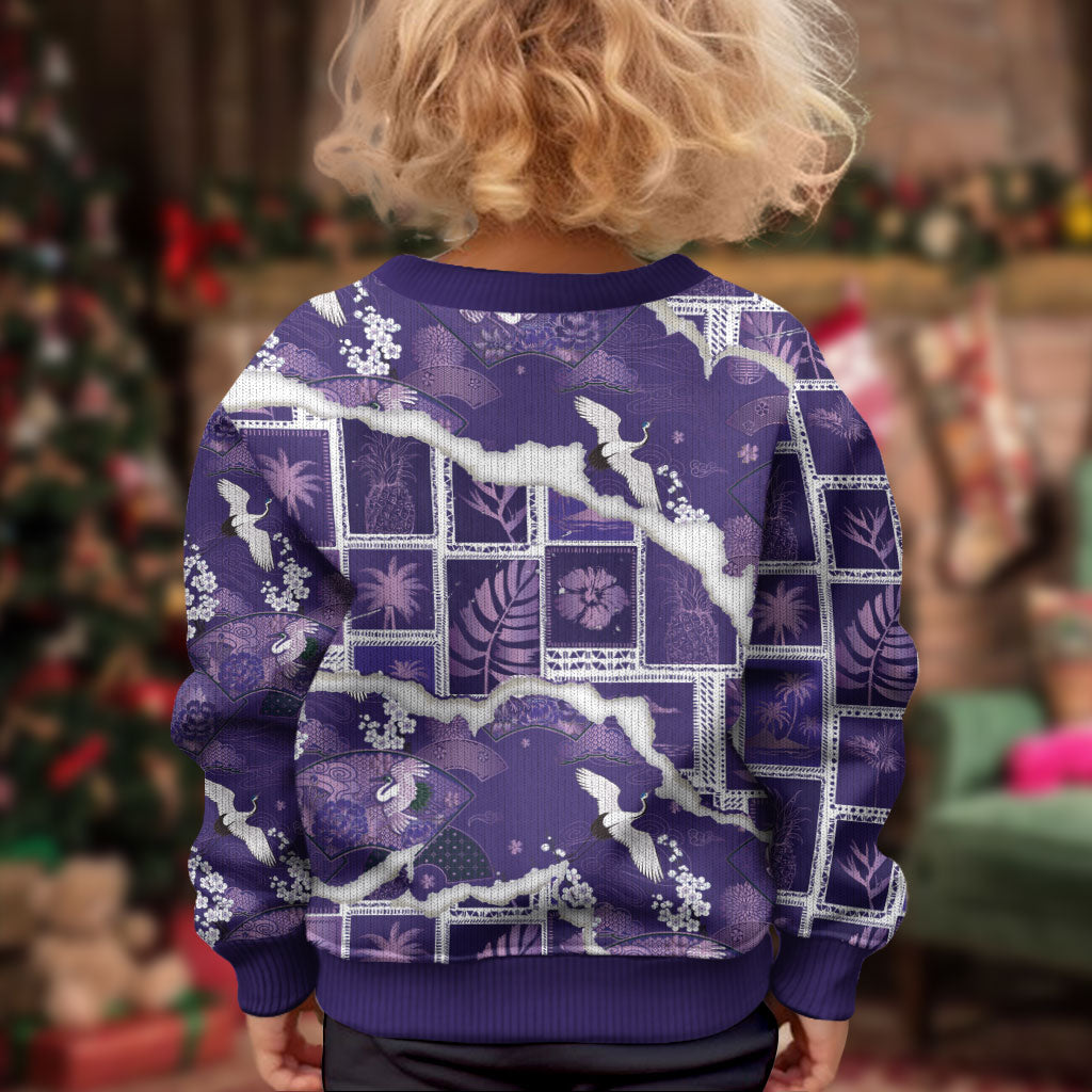 Hawaii Japanese Culture Purple Kid Ugly Christmas Sweater Spring Cranes Aloha Pattern LT01 - Polynesian Pride