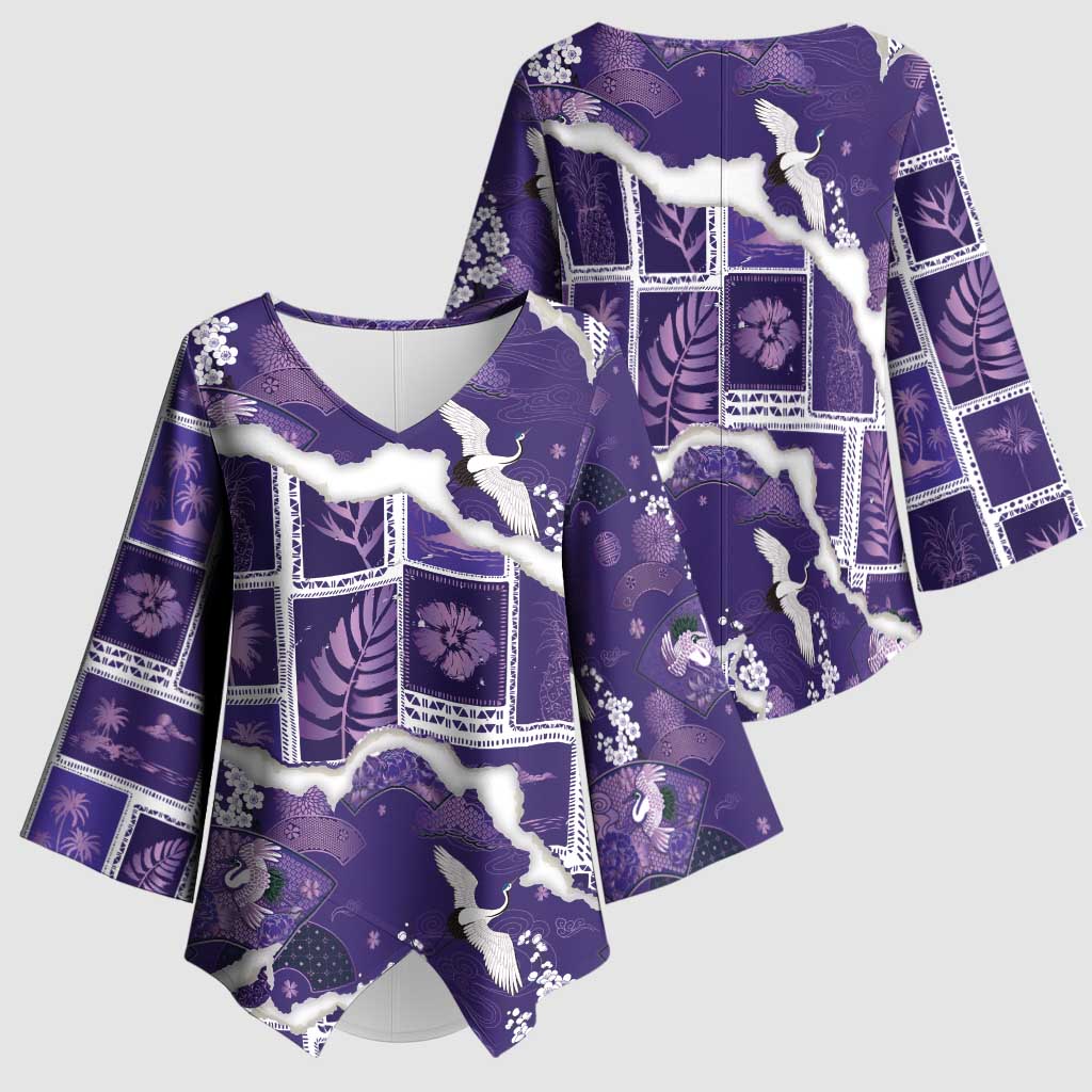 Hawaii Japanese Culture Purple Kimono Sleeve Blouse Spring Cranes Aloha Pattern