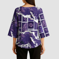 Hawaii Japanese Culture Purple Kimono Sleeve Blouse Spring Cranes Aloha Pattern