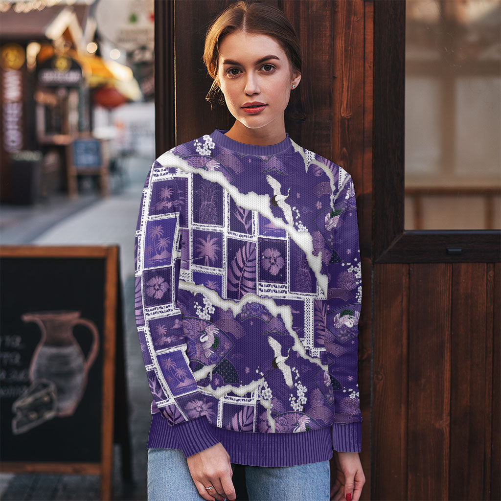 Hawaii Japanese Culture Purple Ugly Christmas Sweater Spring Cranes Aloha Pattern LT01 - Polynesian Pride