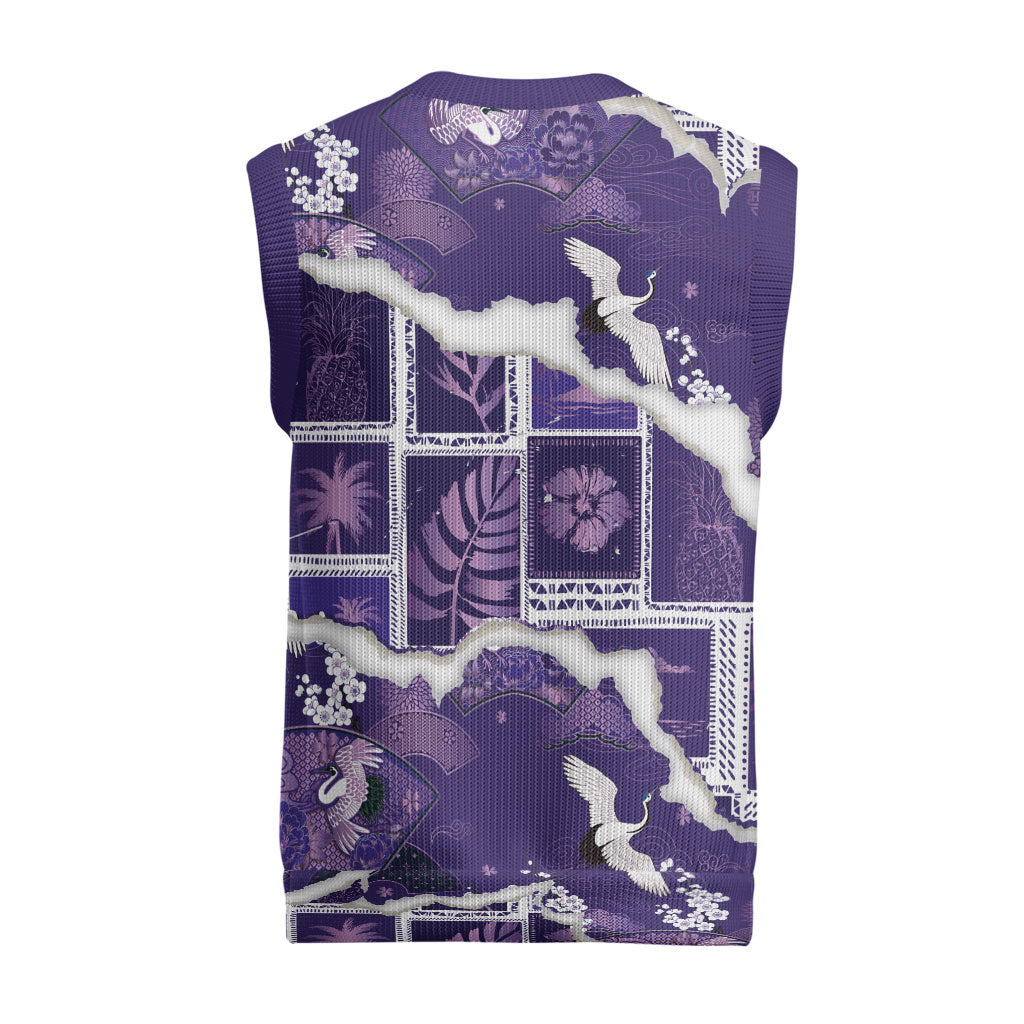 Hawaii Japanese Culture Purple Christmas Knitted V-Neck Vest Spring Cranes Aloha Pattern LT01 - Polynesian Pride