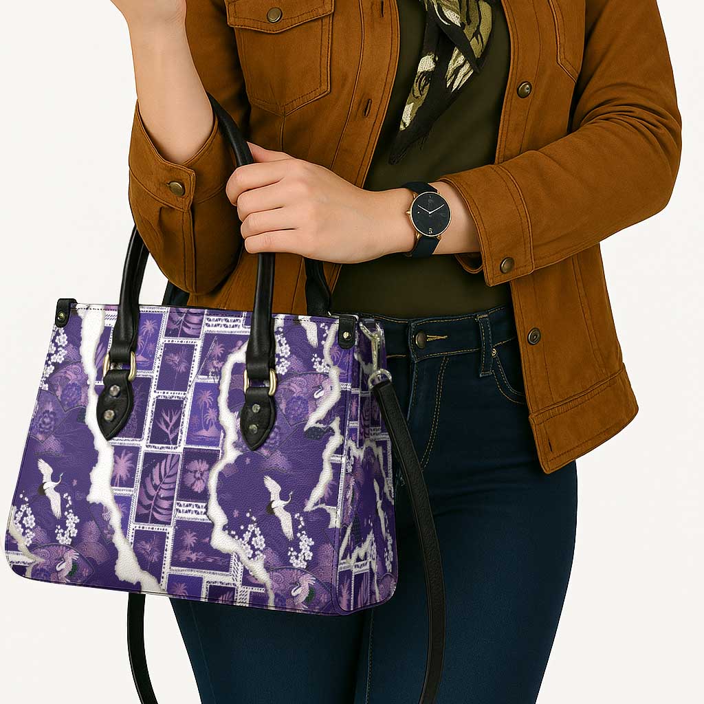 Hawaii Japanese Culture Purple Leather Bag Spring Cranes Aloha Pattern