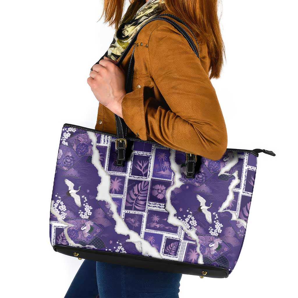 Hawaii Japanese Culture Purple Leather Tote Bag Spring Cranes Aloha Pattern