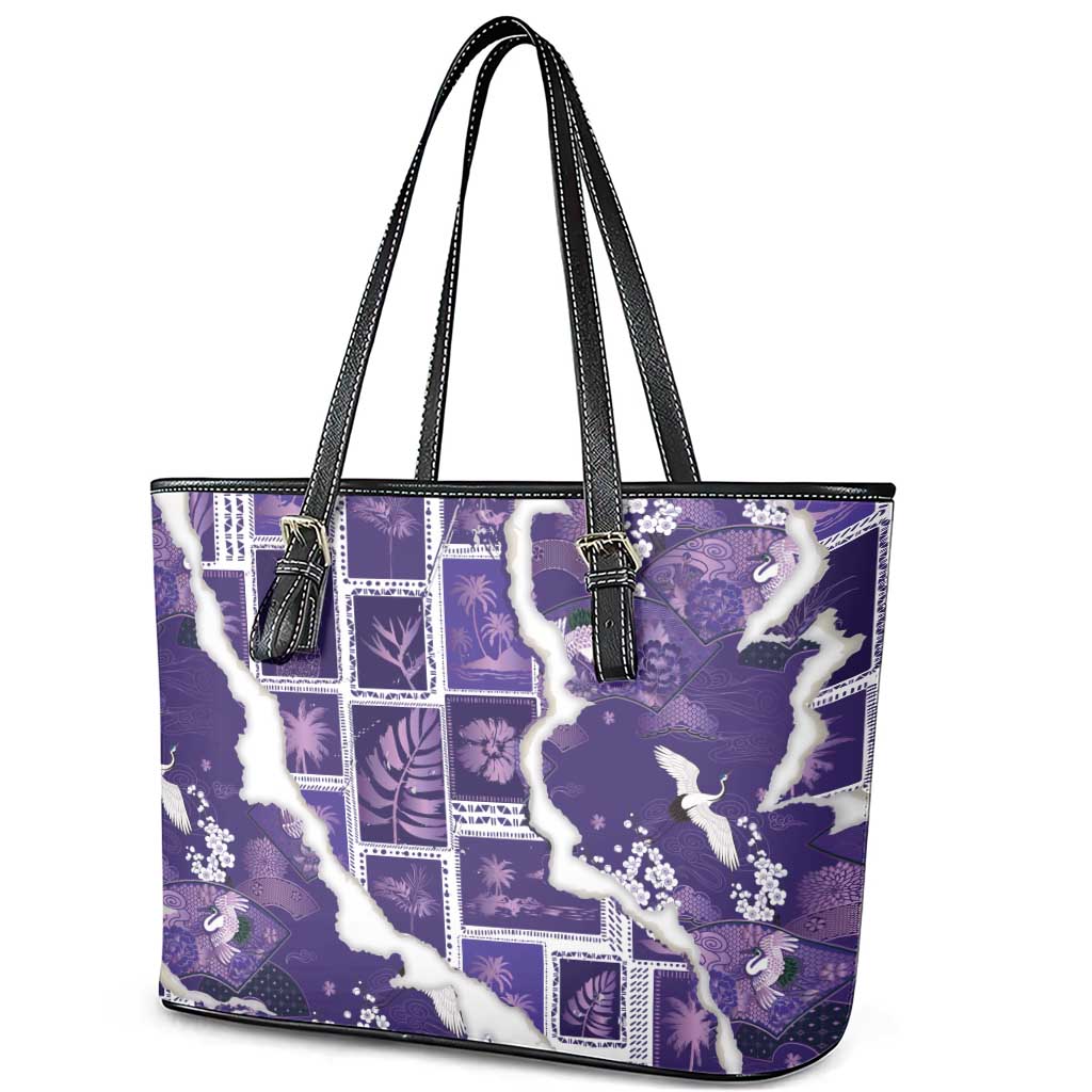 Hawaii Japanese Culture Purple Leather Tote Bag Spring Cranes Aloha Pattern