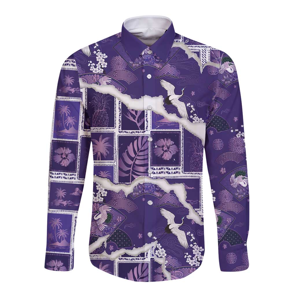 Hawaii Japanese Culture Purple Long Sleeve Button Shirt Spring Cranes Aloha Pattern