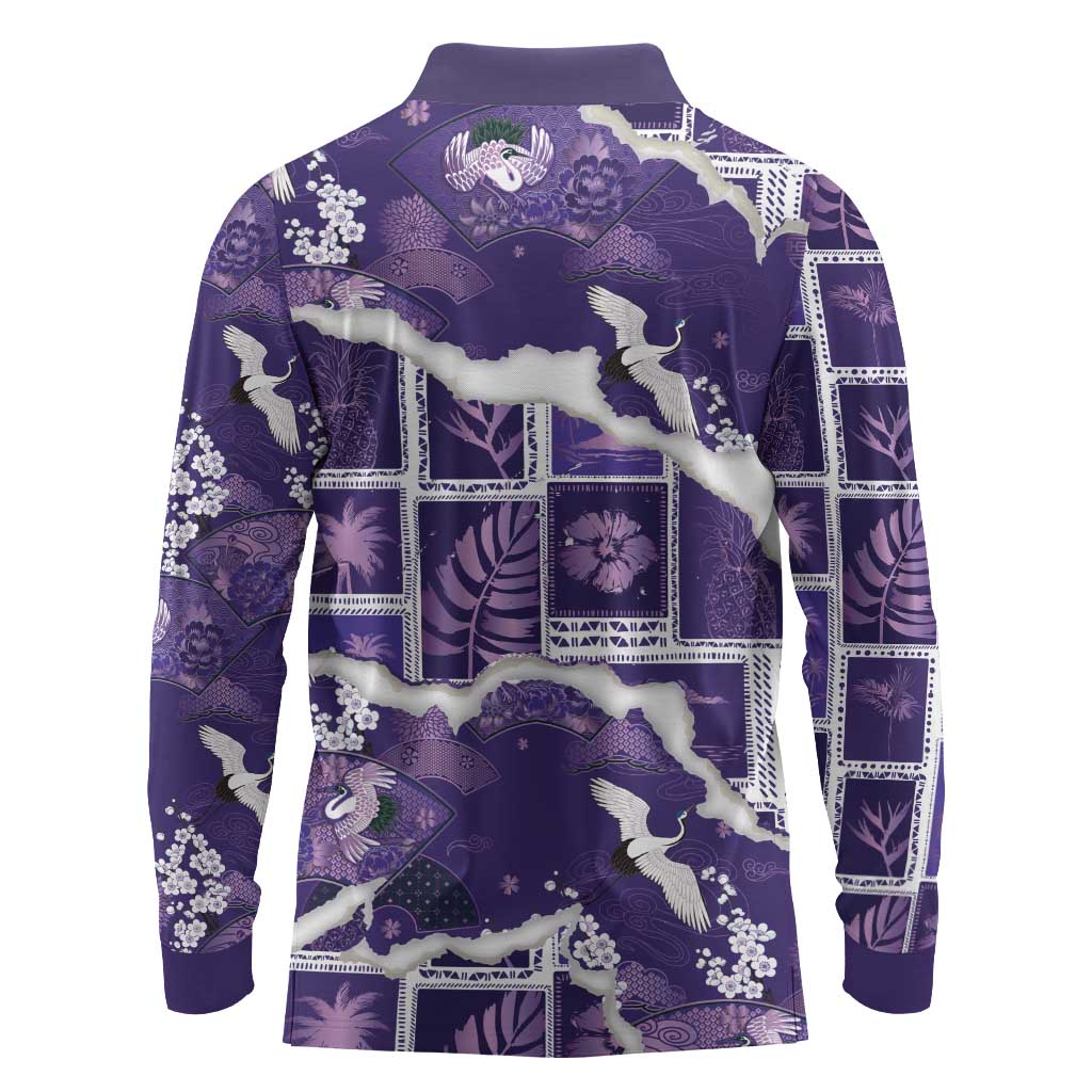Hawaii Japanese Culture Purple Long Sleeve Polo Shirt Spring Cranes Aloha Pattern