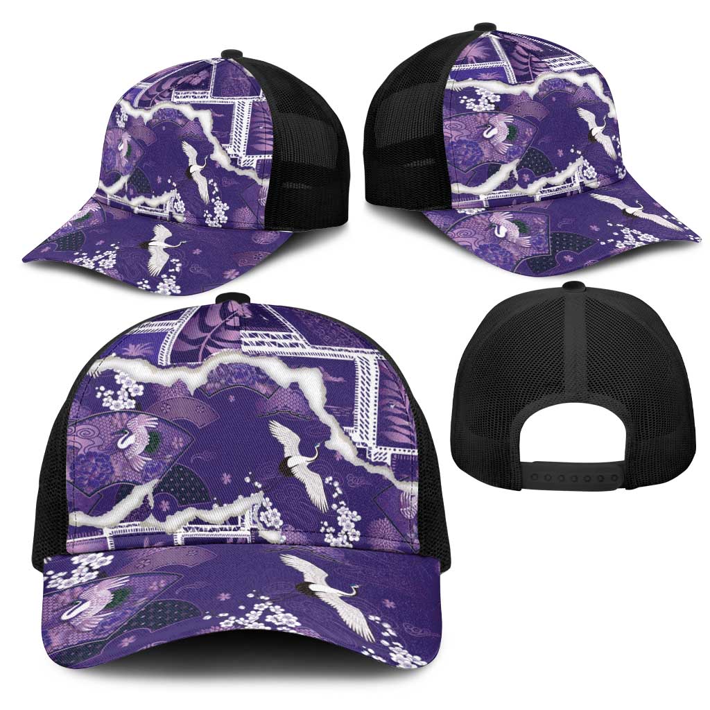 Hawaii Japanese Culture Purple Mesh Trucker Cap Spring Cranes Aloha Pattern