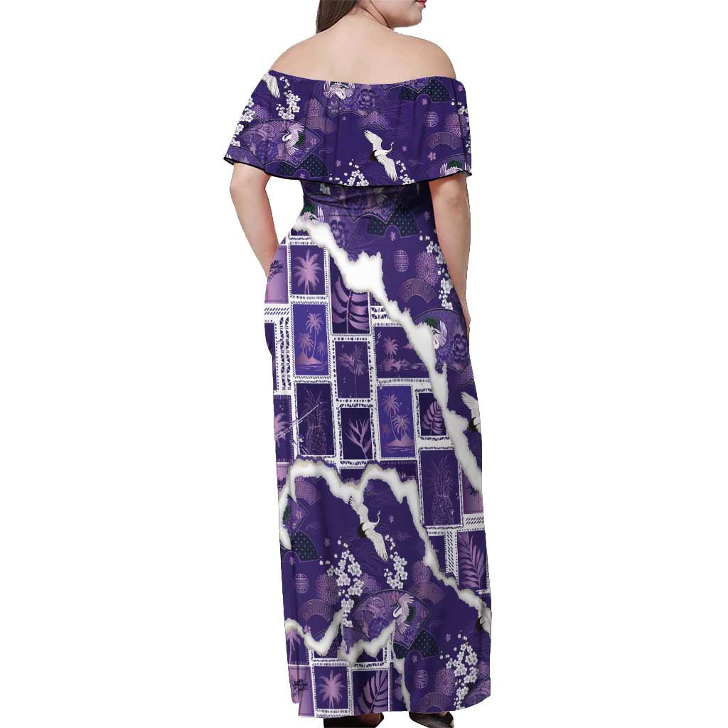 Hawaii Japanese Culture Purple Off Shoulder Maxi Dress Spring Cranes Aloha Pattern